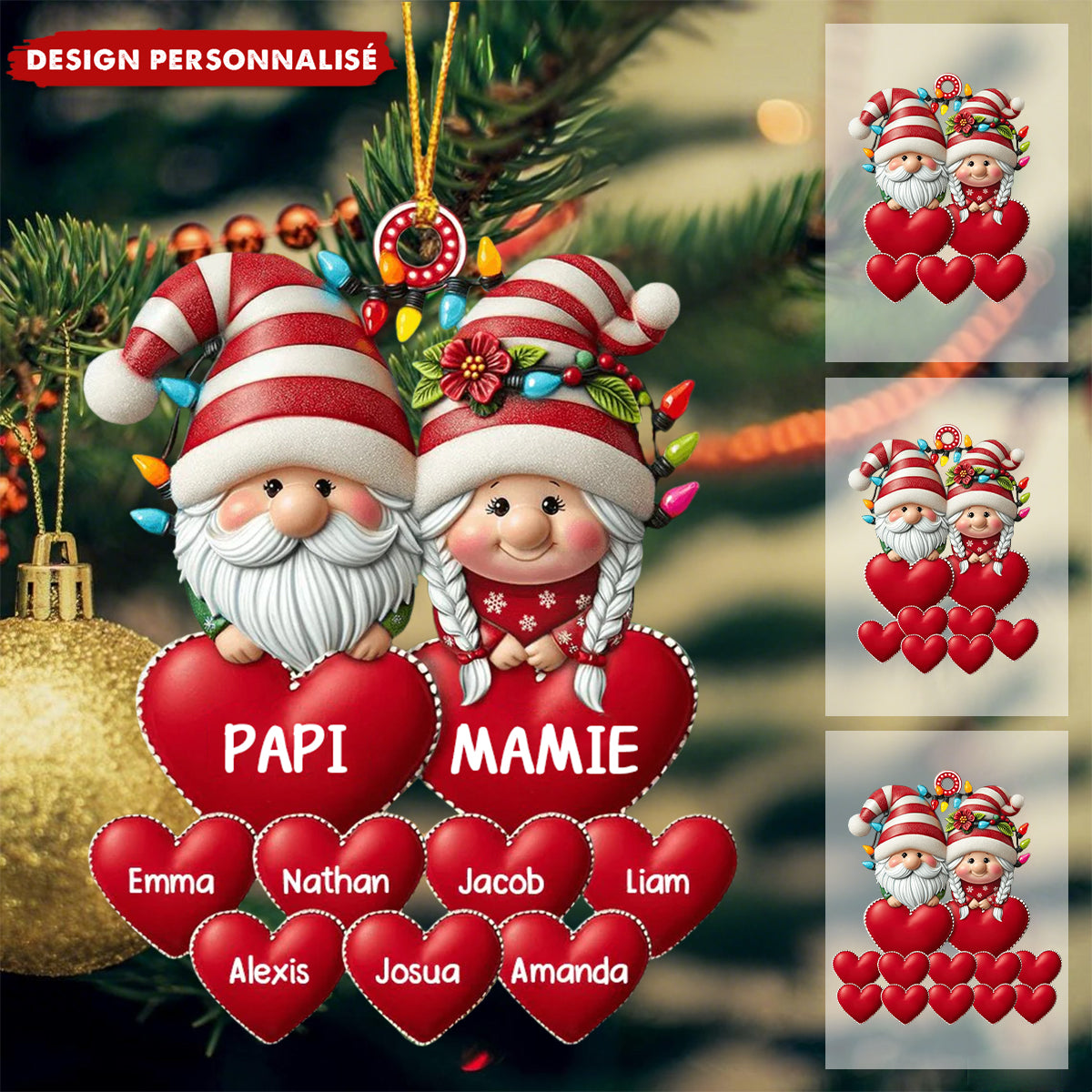 Ornement de Noël Personnalisé Lutins avec Cœurs – Prénoms et Surnoms au Choix
