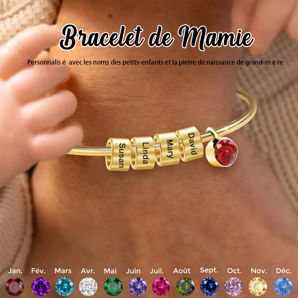 Bracelet Personnalisé pour Maman ou Mamie – Avec Prénoms et Pierre de Naissance