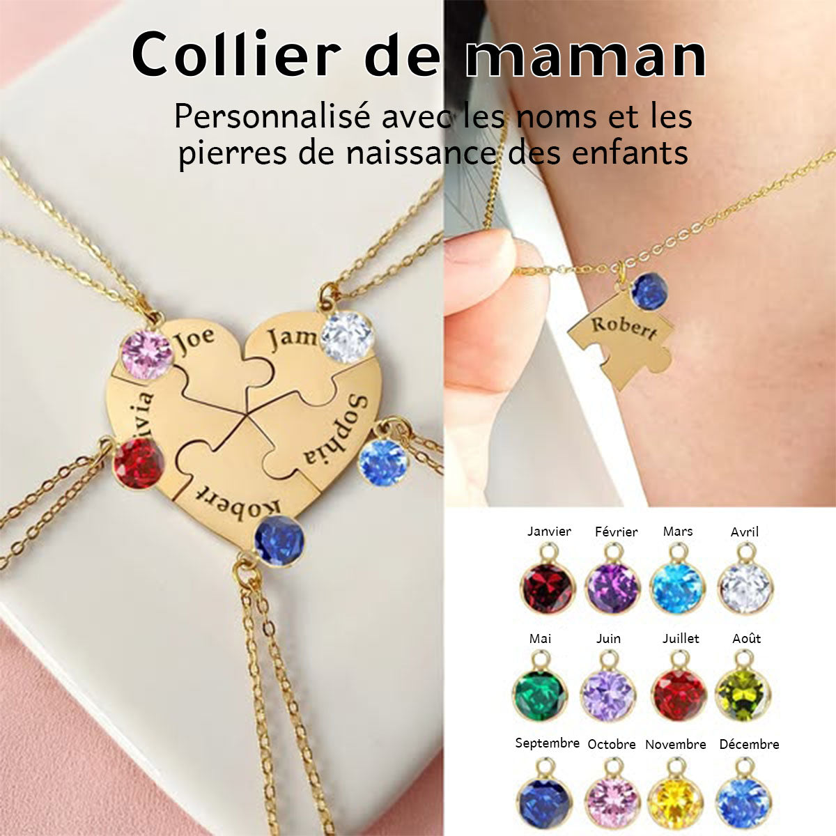 Collier Cœur Puzzle avec Pierres de Naissance et Noms Personnalisés – Cadeau pour la Fête des Mères