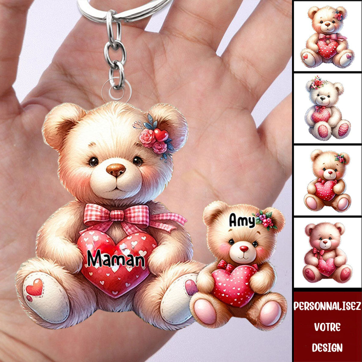 Porte-clés Ours Personnalisé avec Prénoms – Cadeau Tendre pour Maman