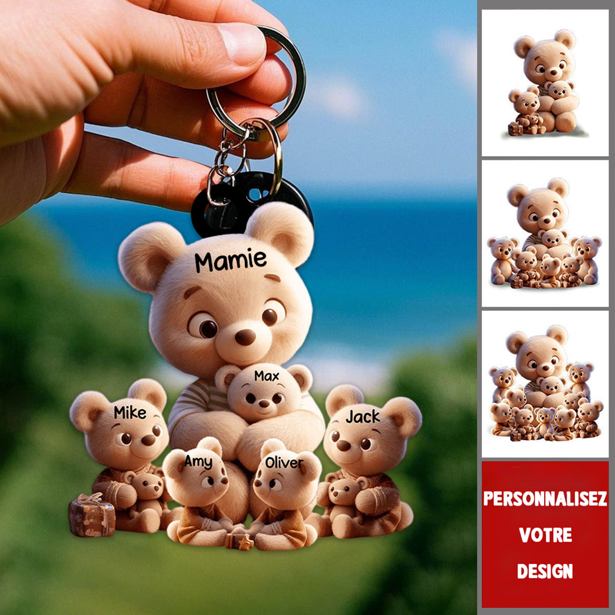 Porte-Clés Famille d’Ours Personnalisé – “Mamie et ses Petits Oursons”