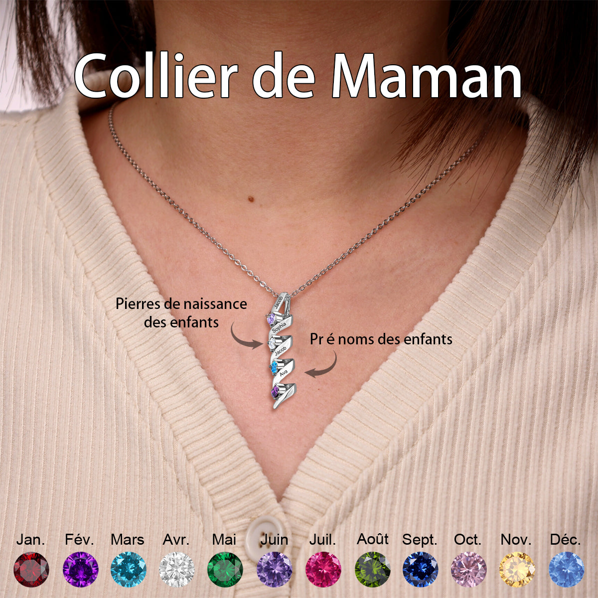 Collier Personnalisé avec Noms de Famille et Pierres de Naissance – Cadeau pour Maman ou Grand-mère