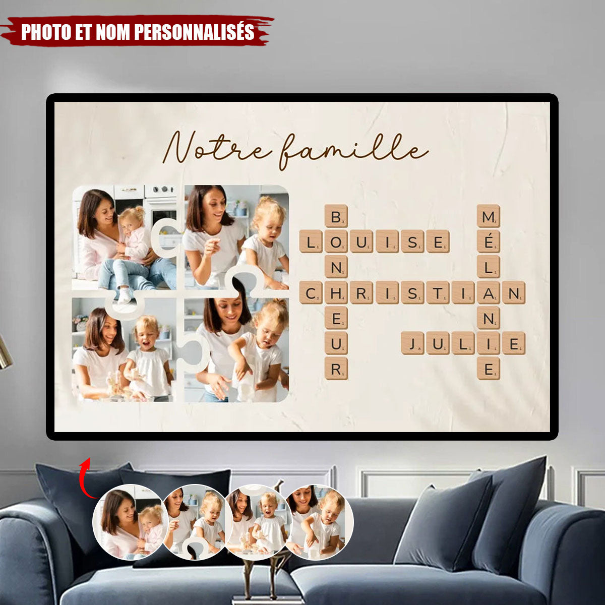Personnalisé Tableau Scrabble "Notre Famille" avec Photos et Prénoms