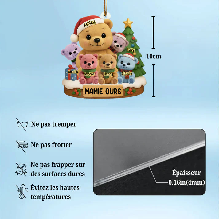 Ornement de Noël Personnalisé en Acrylique – Famille d’Ours avec Prénoms et Sapin