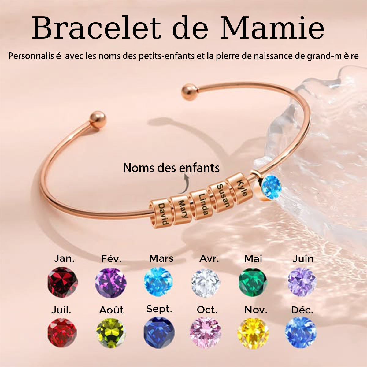 Bracelet Personnalisé pour Maman ou Mamie – Avec Prénoms et Pierre de Naissance