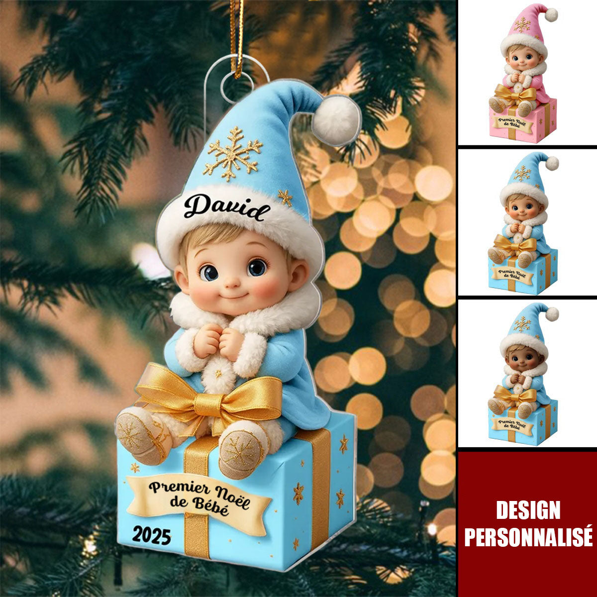 Ornement Acrylique Personnalisé – Premier Noël de Bébé avec Prénom et Date