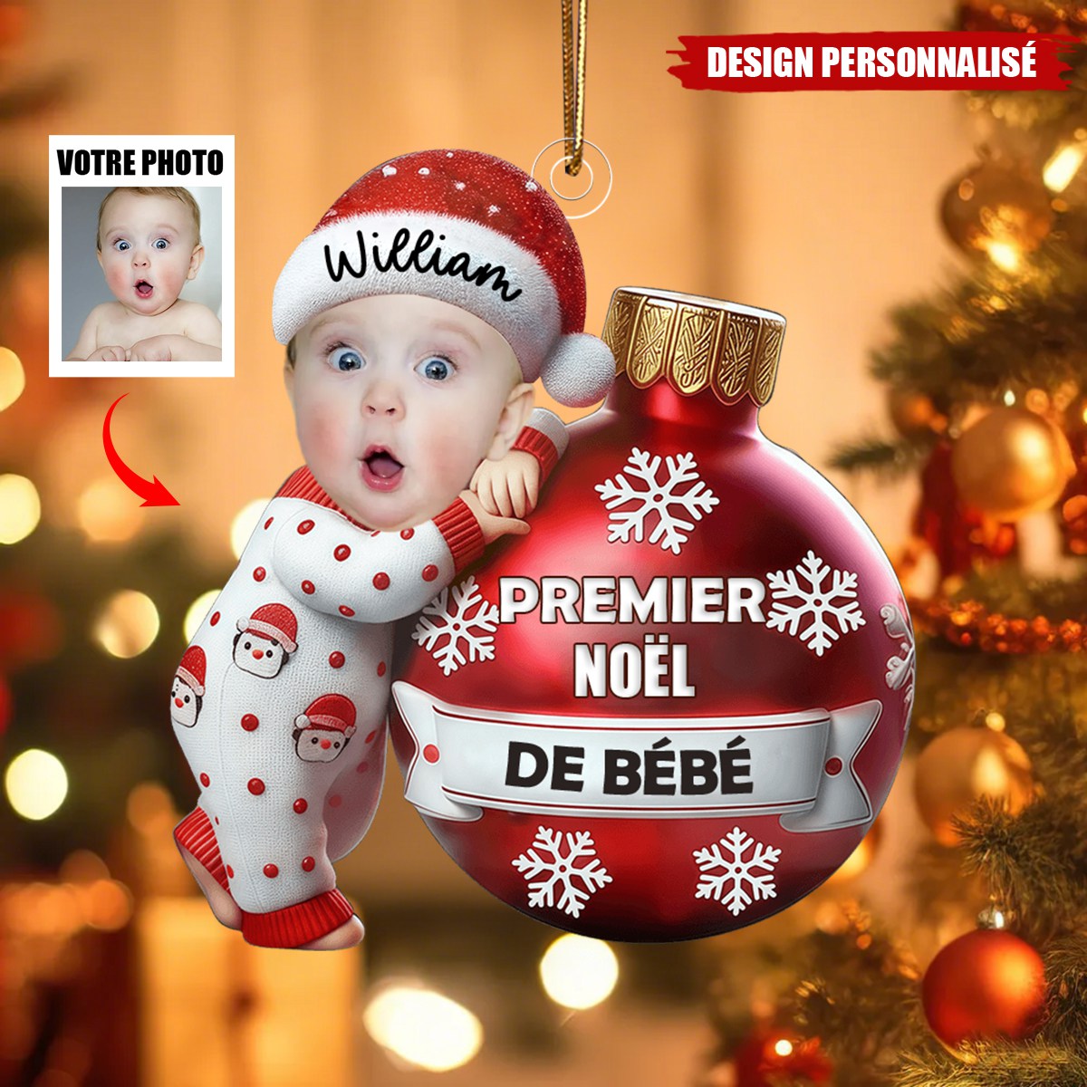 Ornement Bébé Personnalisé – Premier Noël de Bébé avec Photo & Prénom
