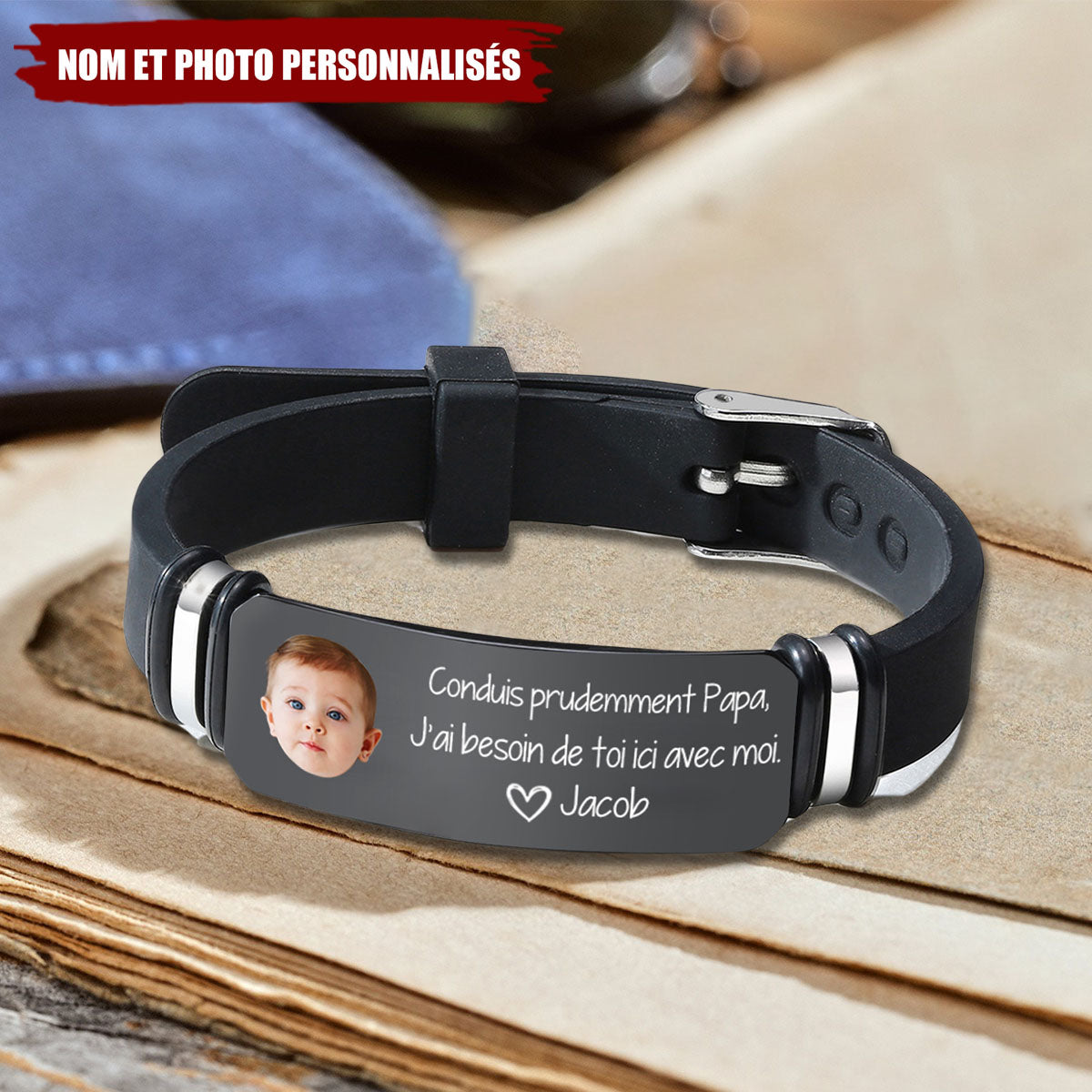 Bracelet Personnalisé avec Photo - Message Touchant de l’Enfant à Son Papa