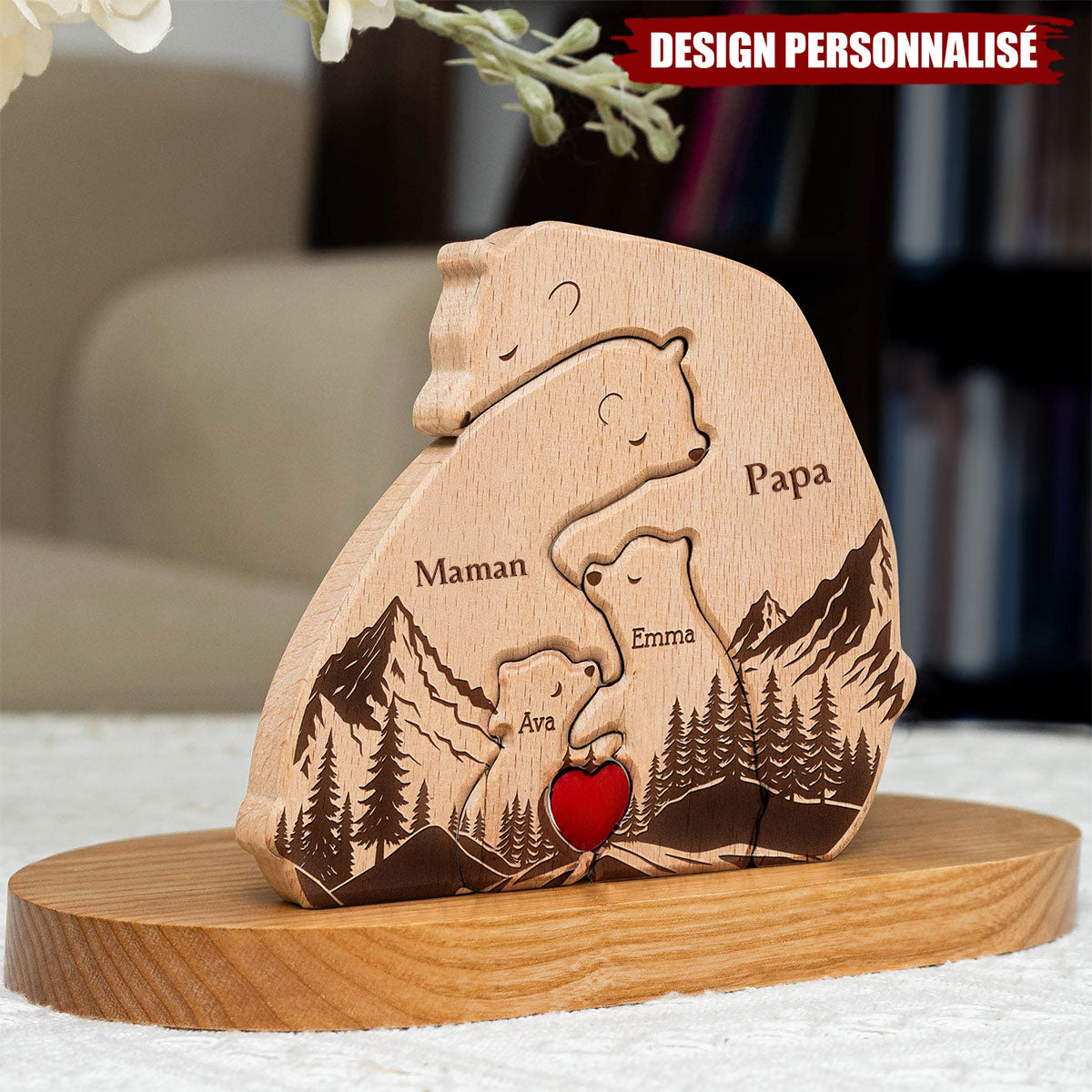 Nouvelle Version de la Famille d'Ours Enlacés – Puzzle en Bois Personnalisé de la Famille Ours