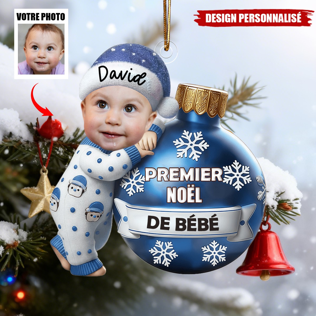Ornement Bébé Personnalisé – Premier Noël de Bébé avec Photo & Prénom