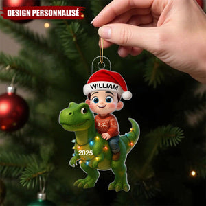 Ornement de Noël Acrylique Personnalisé – Enfants sur Dinosaure avec Prénom et Année