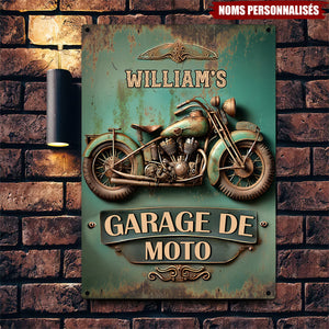 Plaque Garage Moto Personnalisée – Style Vintage avec Nom et Moto Rétro
