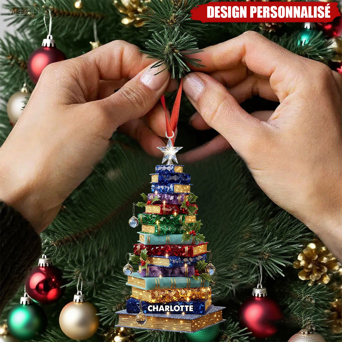 Ornement de Noël Personnalisée en Forme de Sapin de Livres - Cadeau pour Amateur de Lecture