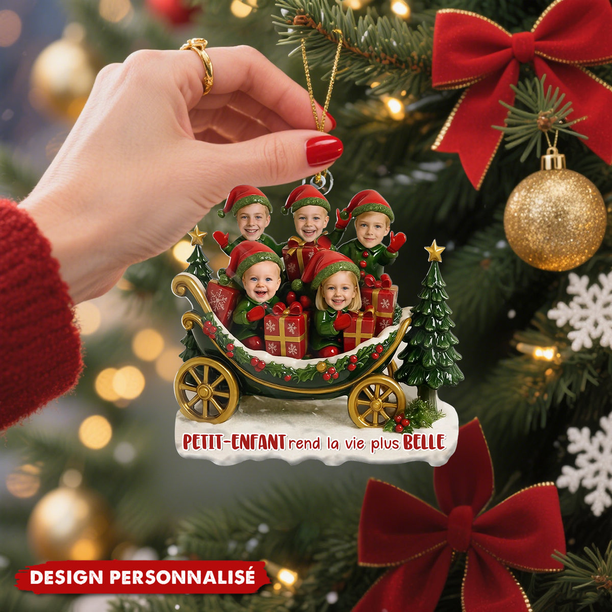 Décoration de Sapin Personnalisée – Traîneau de Noël avec Enfants