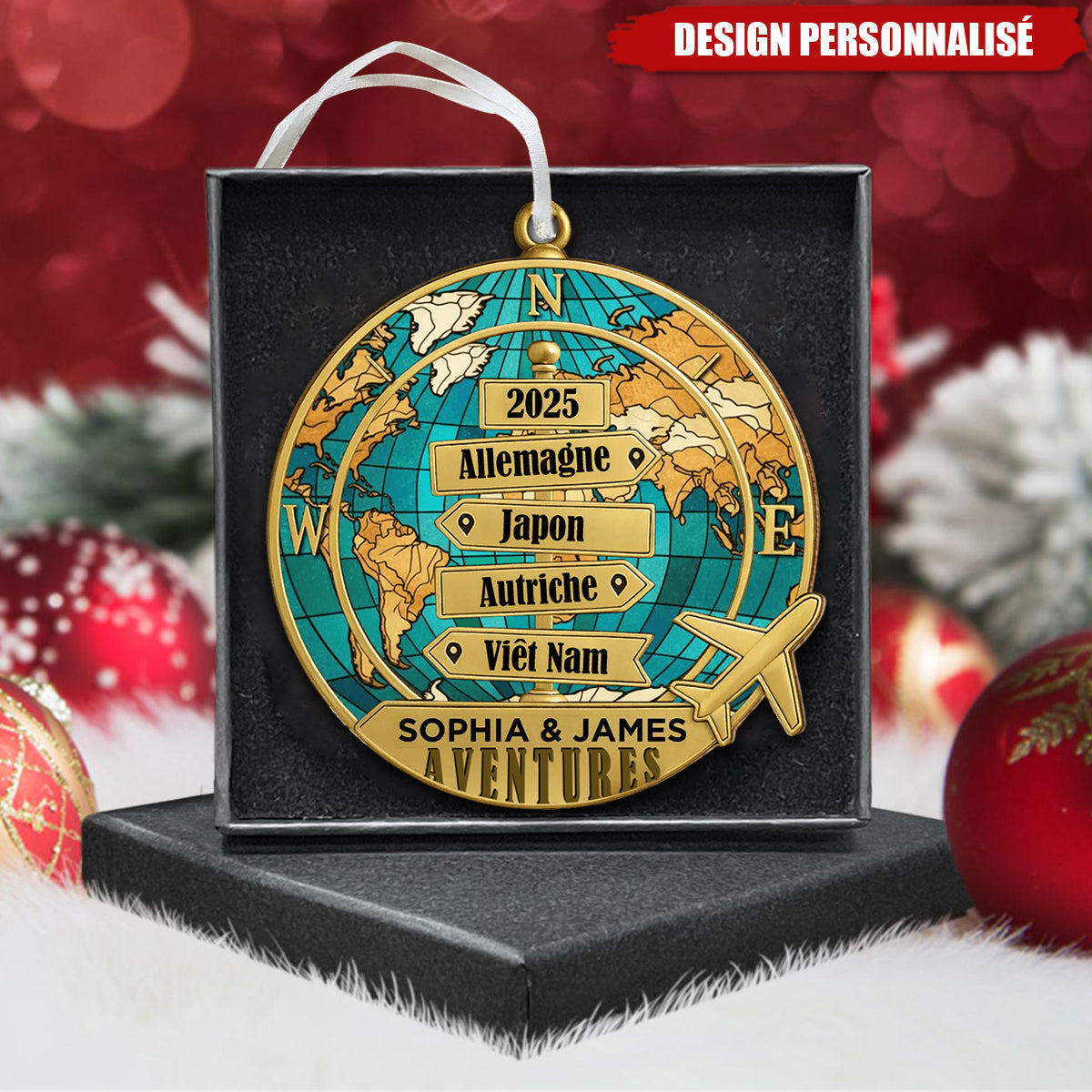 Ornement de Noël Personnalisé – Globe des Aventures 2025