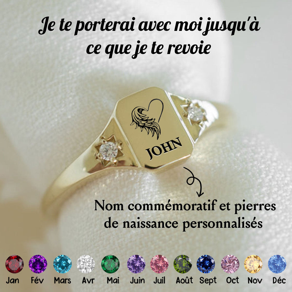 En mémoire de l’être aimé – Bague personnalisée avec nom et pierre de naissance en forme d’ailes