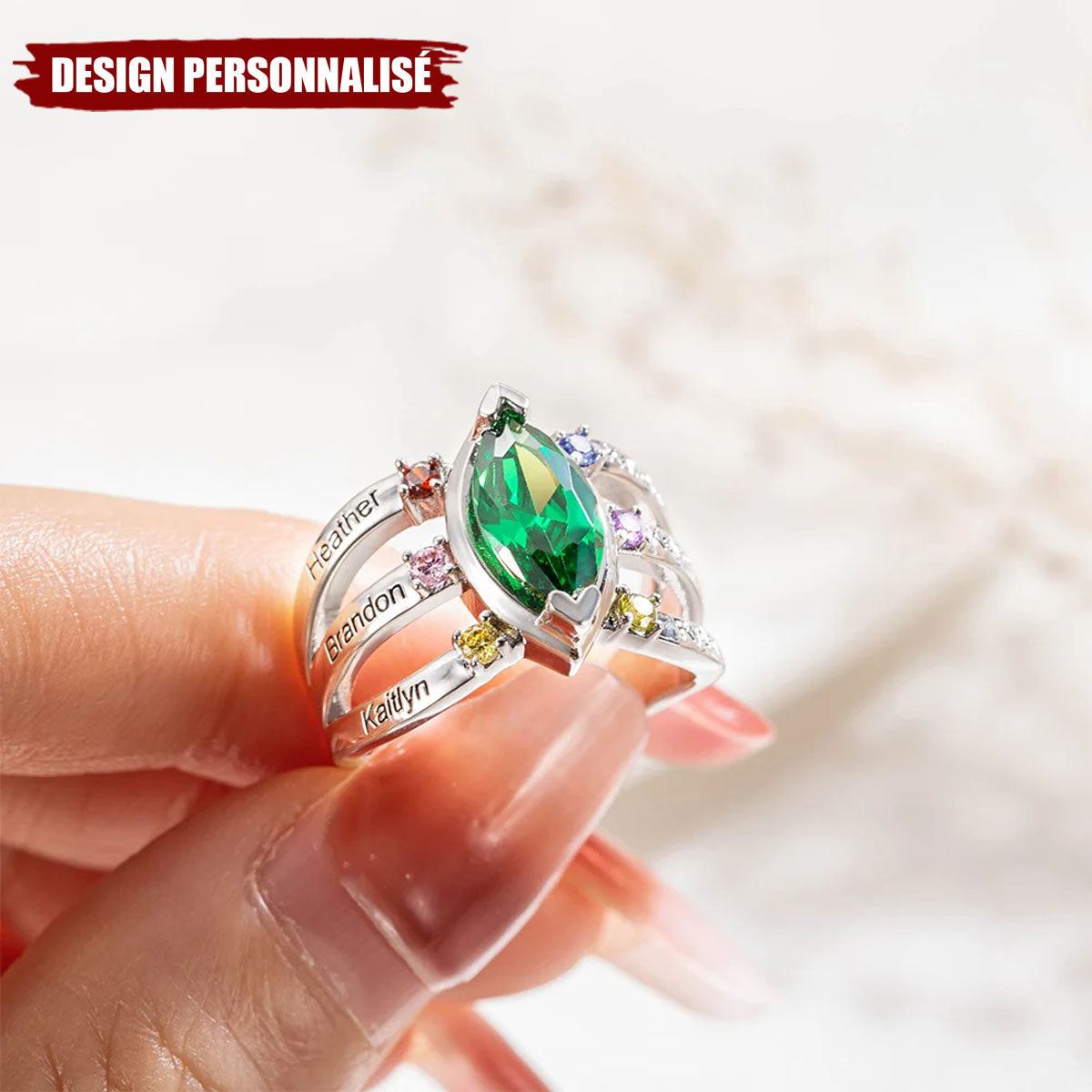 Bague Personnalisée avec Pierres de Naissance et Noms Gravés – Cadeau Unique pour Maman