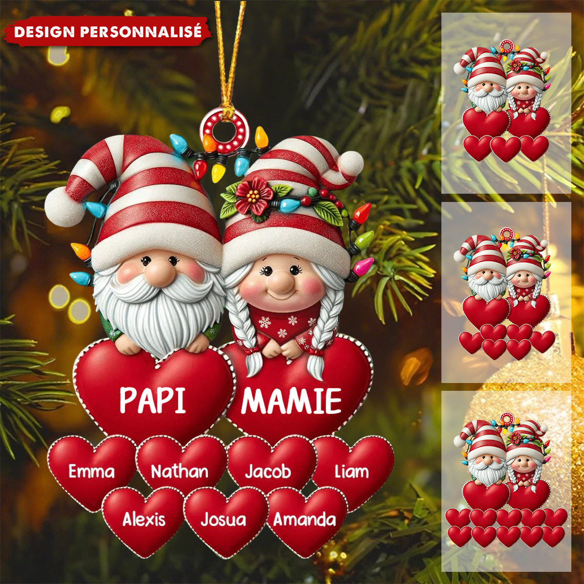 Ornement de Noël Personnalisé Lutins avec Cœurs – Prénoms et Surnoms au Choix
