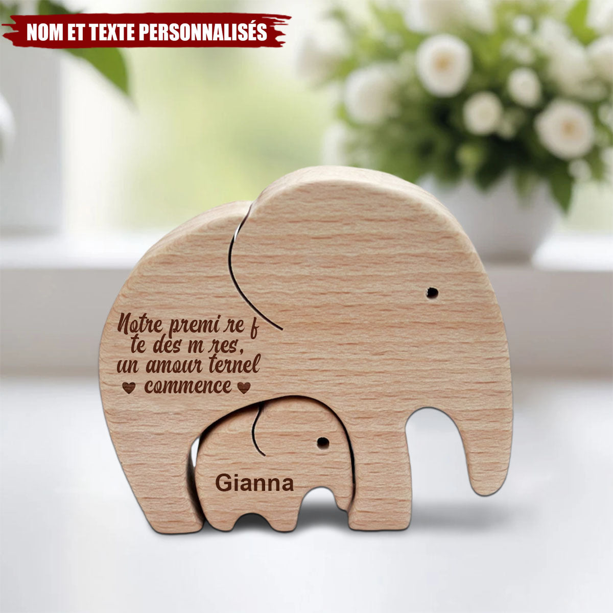 Éléphants en bois personnalisés – Maman et bébé, cadeau pour une première fête des mères