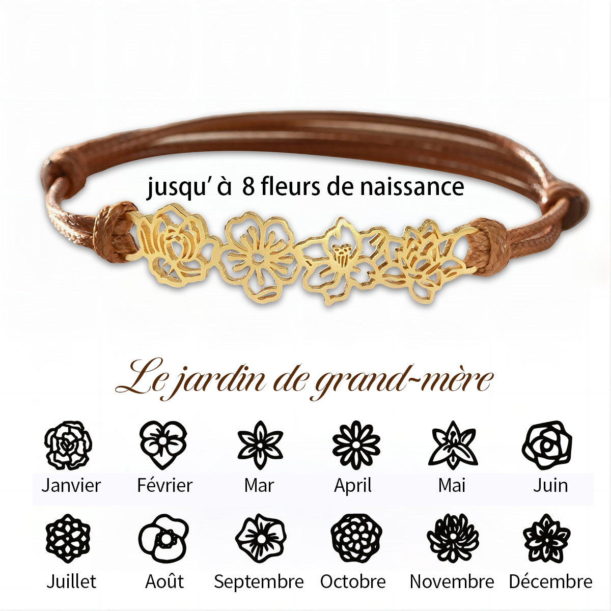 Bracelet personnalisé avec fleurs de naissance pour grand-mère et maman 1 à 8