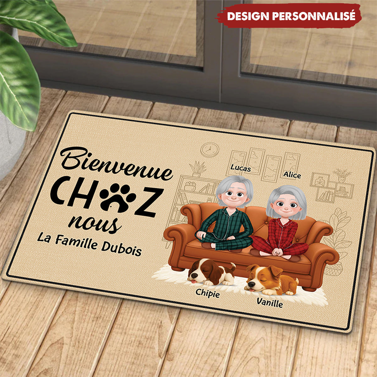 Tapis de Bienvenue Personnalisé – Famille & Animaux, Cadeau Unique pour la Maison