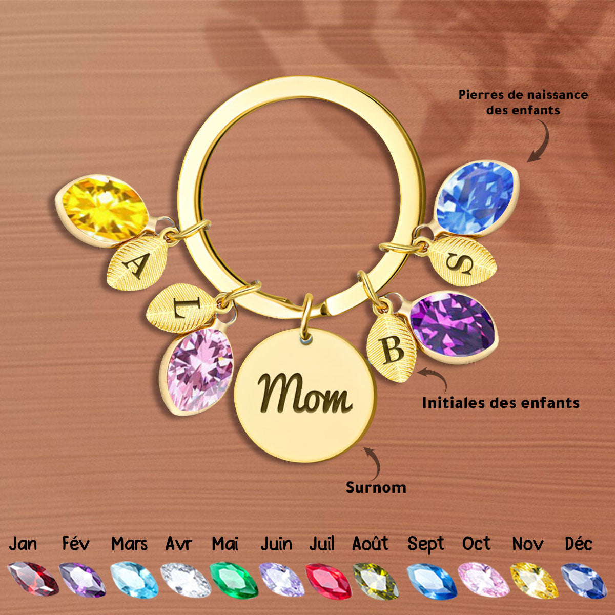 Porte-clés personnalisé pour maman avec pierres de naissance et initiales