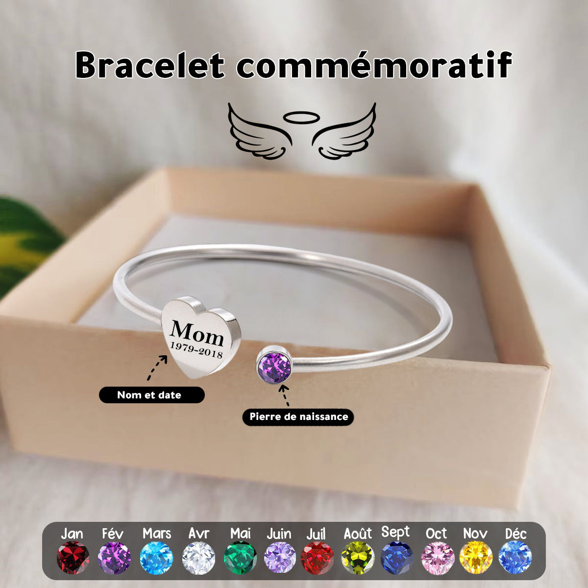 Bracelet Cœur avec Pierre de Naissance et Texte Commémoratif Personnalisé