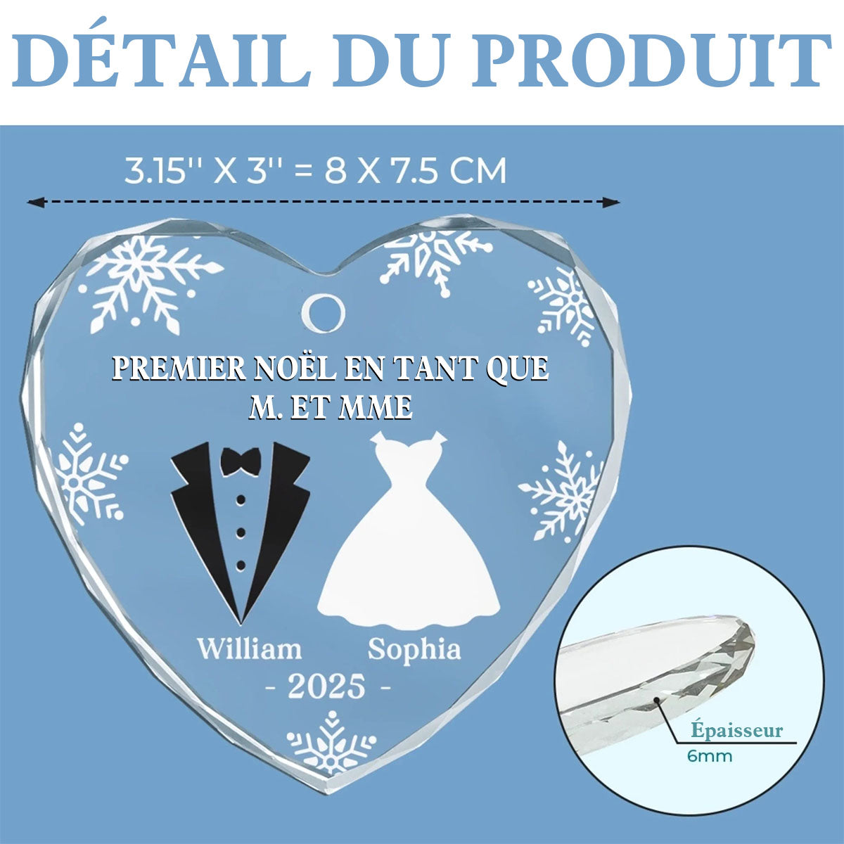 Ornement en Verre en Forme de Cœur Personnalisé - Premier Noël Mariés