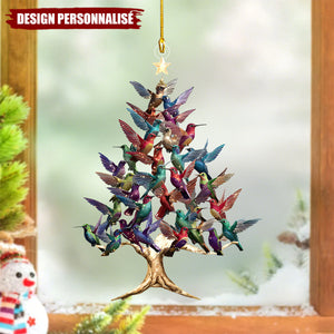 Ornement Acrylique Personnalisé – Arbre de Noël aux Colibris Multicolores