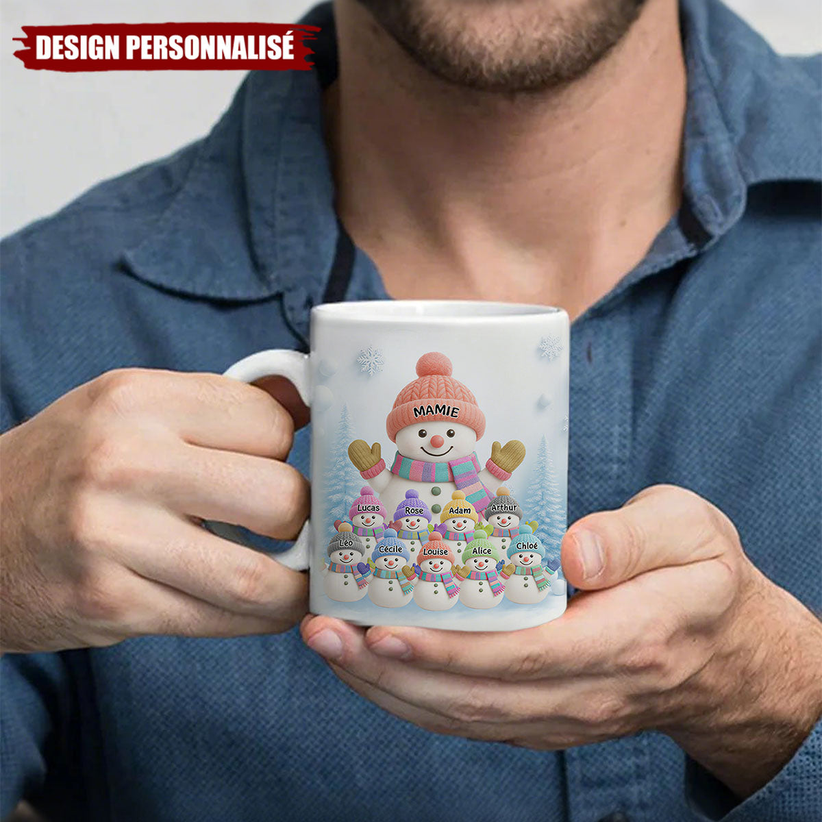 Mug Noël Personnalisé avec Prénoms – Famille de Bonshommes de Neige