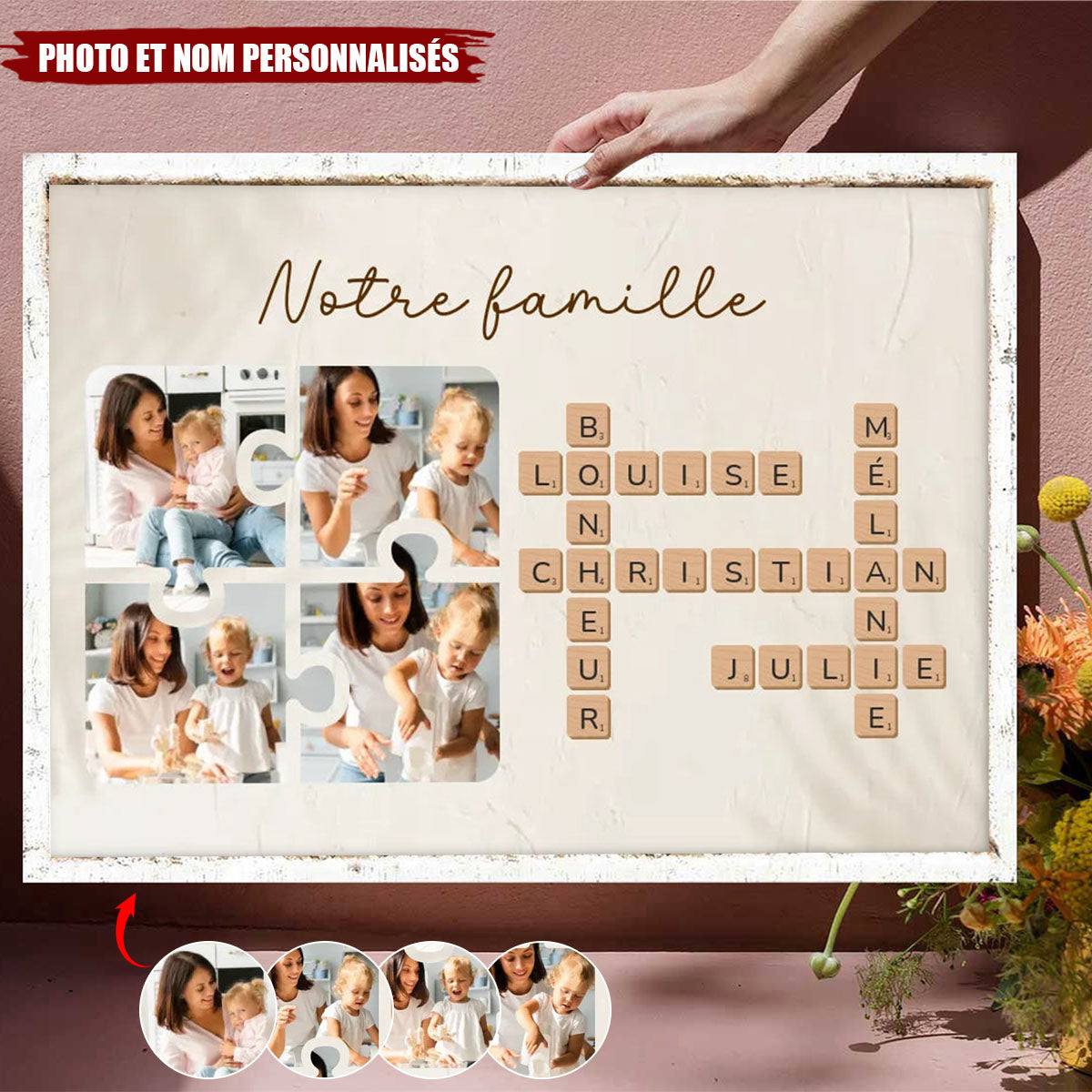 Personnalisé Tableau Scrabble "Notre Famille" avec Photos et Prénoms