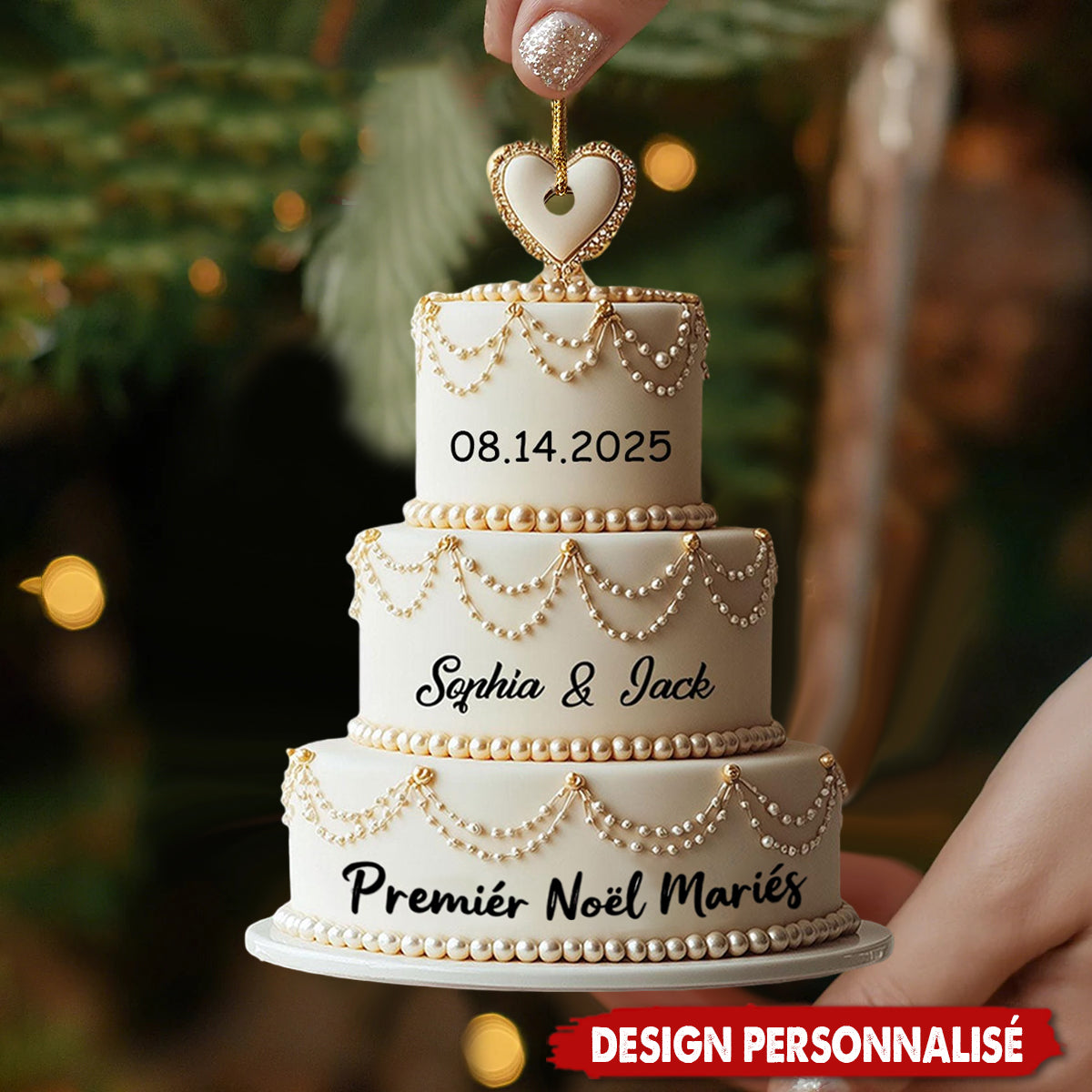 Ornement Acrylique Personnalisé en Forme de Gâteau – Premier Noël de Jeunes Mariés