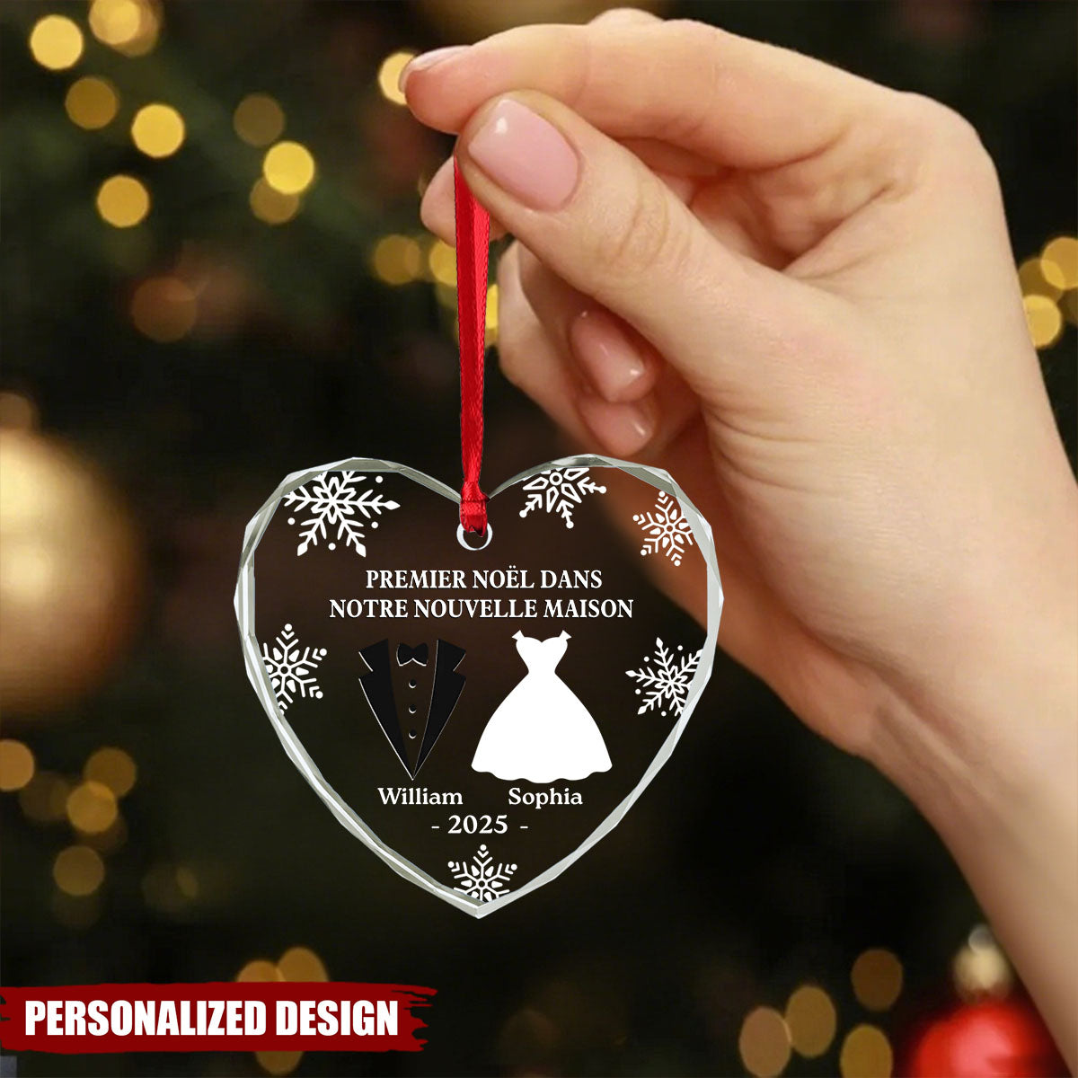Ornement en Verre en Forme de Cœur Personnalisé - Premier Noël Mariés
