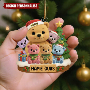 Ornement de Noël Personnalisé en Acrylique – Famille d’Ours avec Prénoms et Sapin