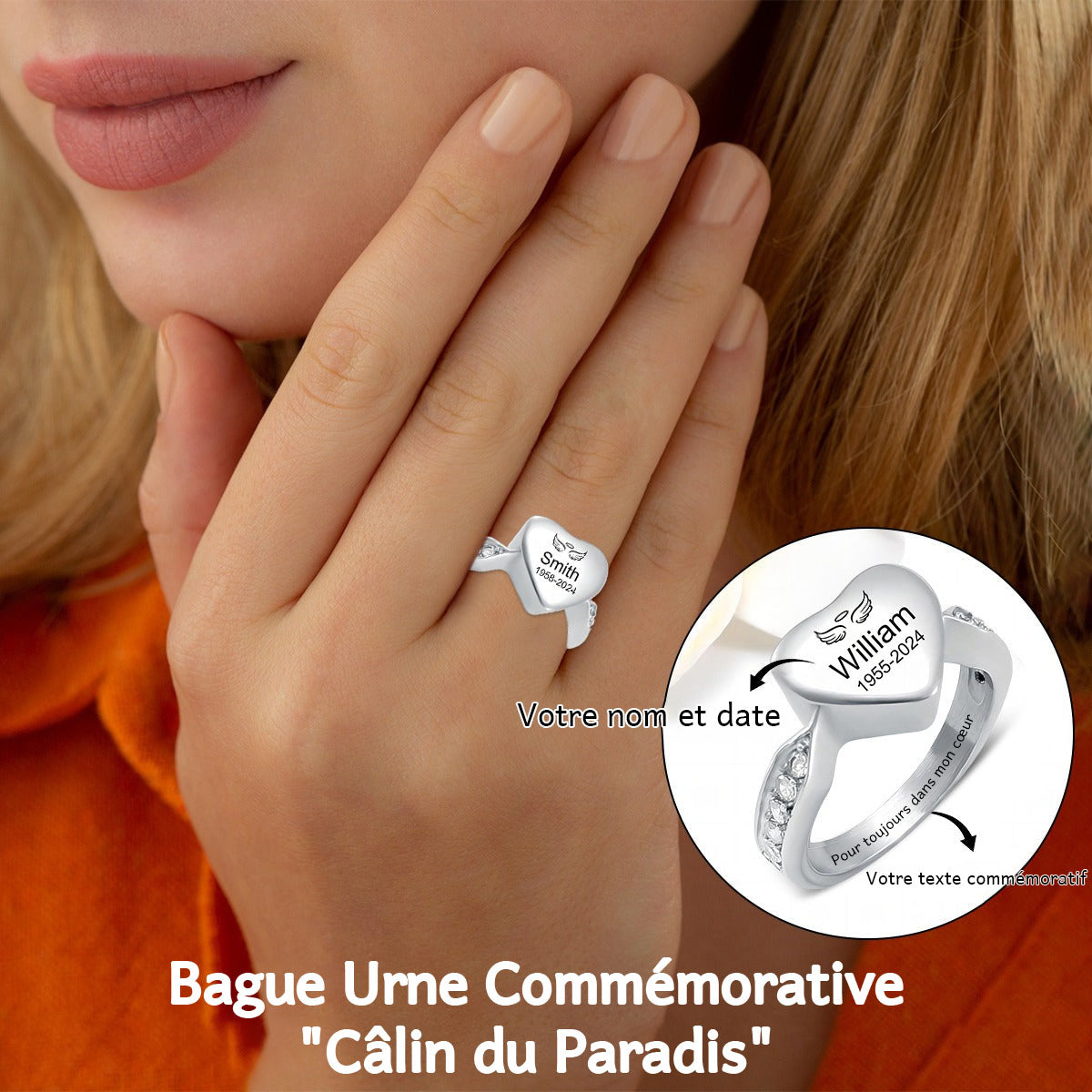 Bague commémorative en acier inoxydable personnalisée avec urne en forme de cœur