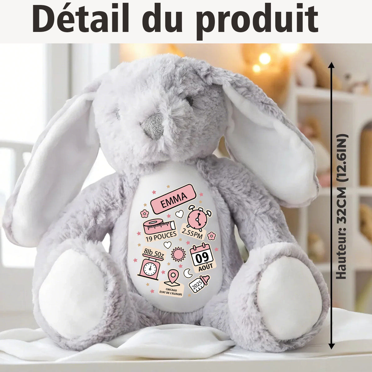 Peluche lapin personnalisée – Souvenir de naissance unique
