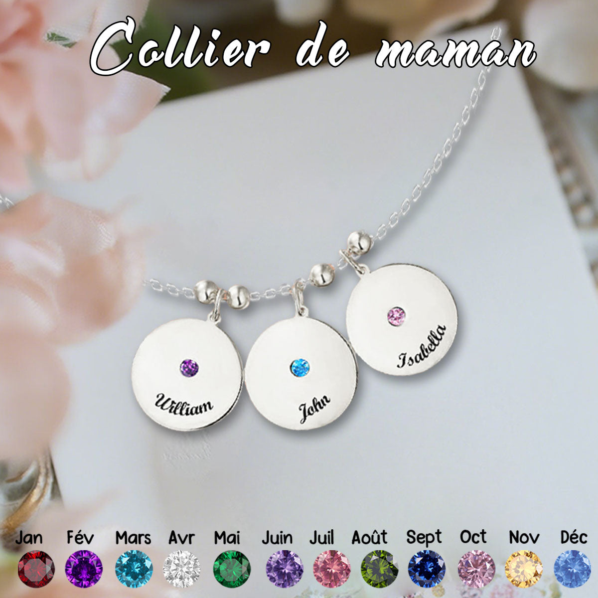 Collier Personnalisé avec Nom Gravé et Pierre de Naissance – Cadeau pour la Fête des Mères