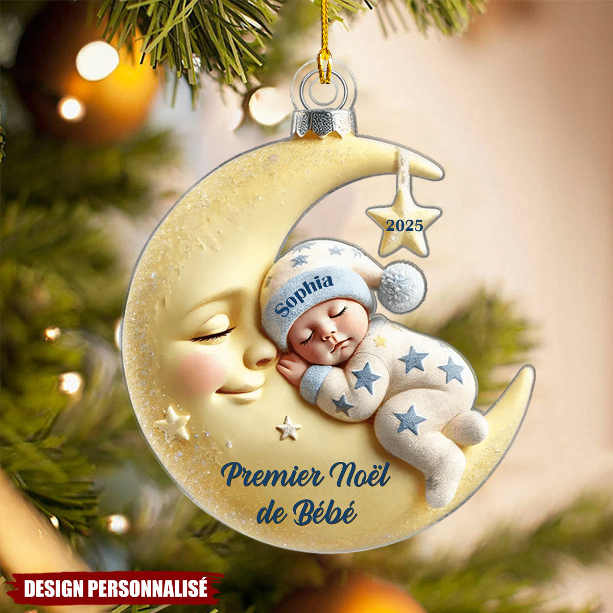 Premier Noël de Bébé – Décoration Personnalisée en Acrylique avec Lune et Bébé Dormant