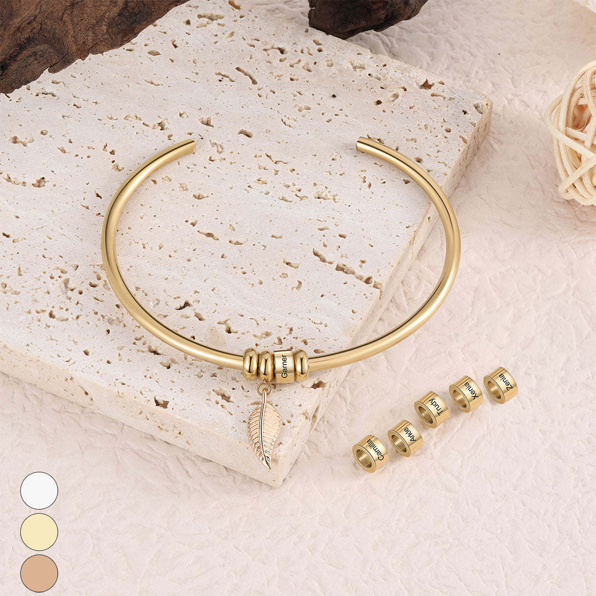 Bracelet Personnalisé en Acier Inoxydable avec Breloque Feuille et Noms Gravés