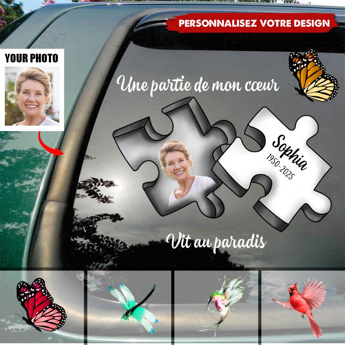 Une Partie de Mon Cœur Vit au Paradis - Autocollant Commémoratif Personnalisé en Mémoire d’un Être Cher