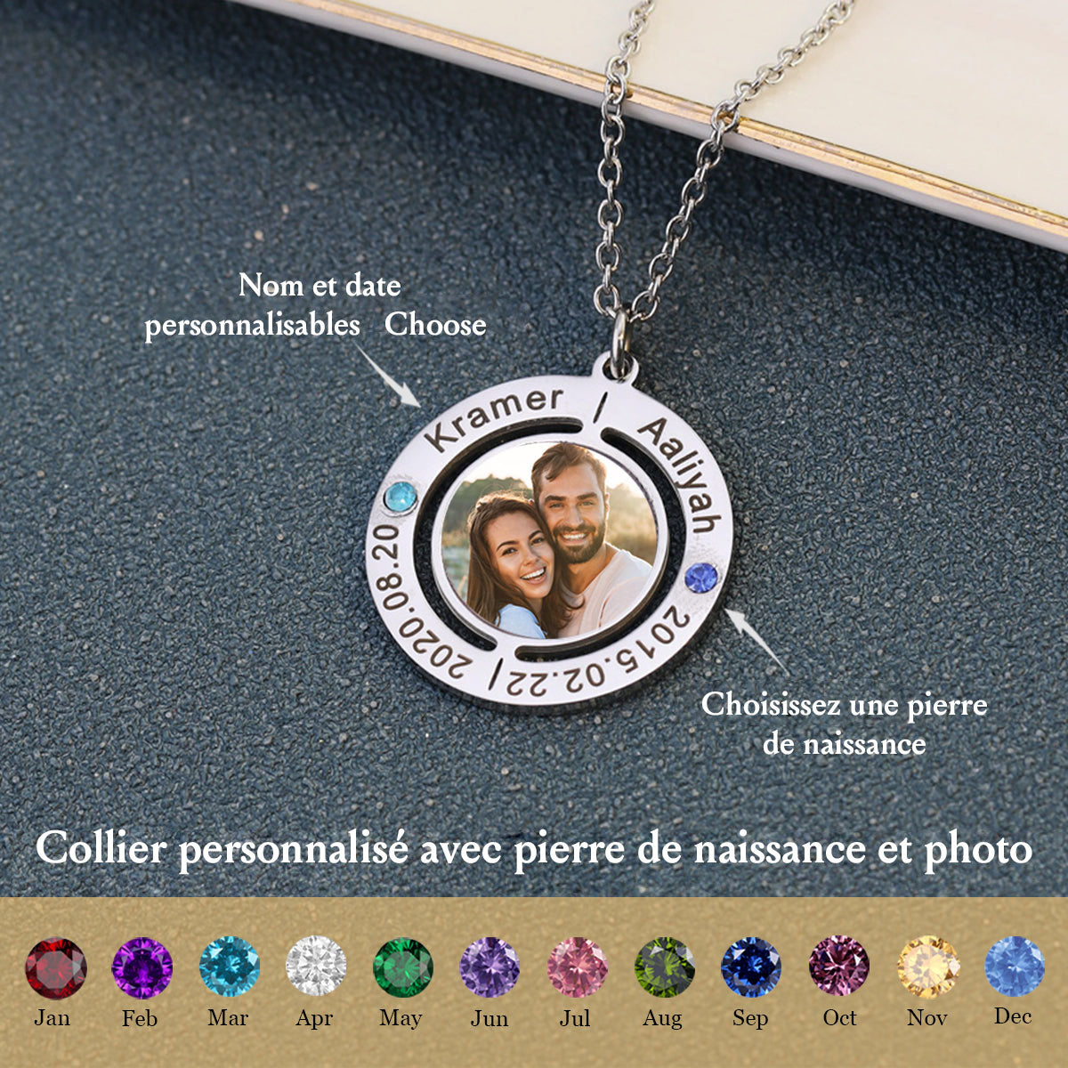 Collier Personnalisé avec Pierre de Naissance et Photo