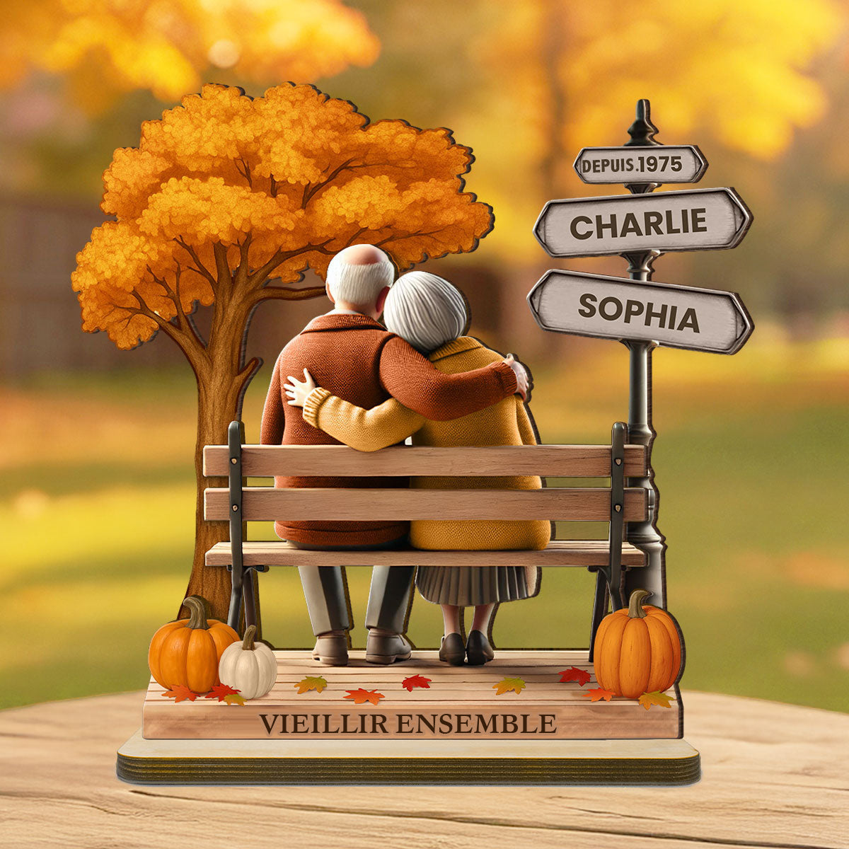 Plaque en bois personnalisée – Couple Âgé sur un Banc, Souvenir d’Amour Éternel