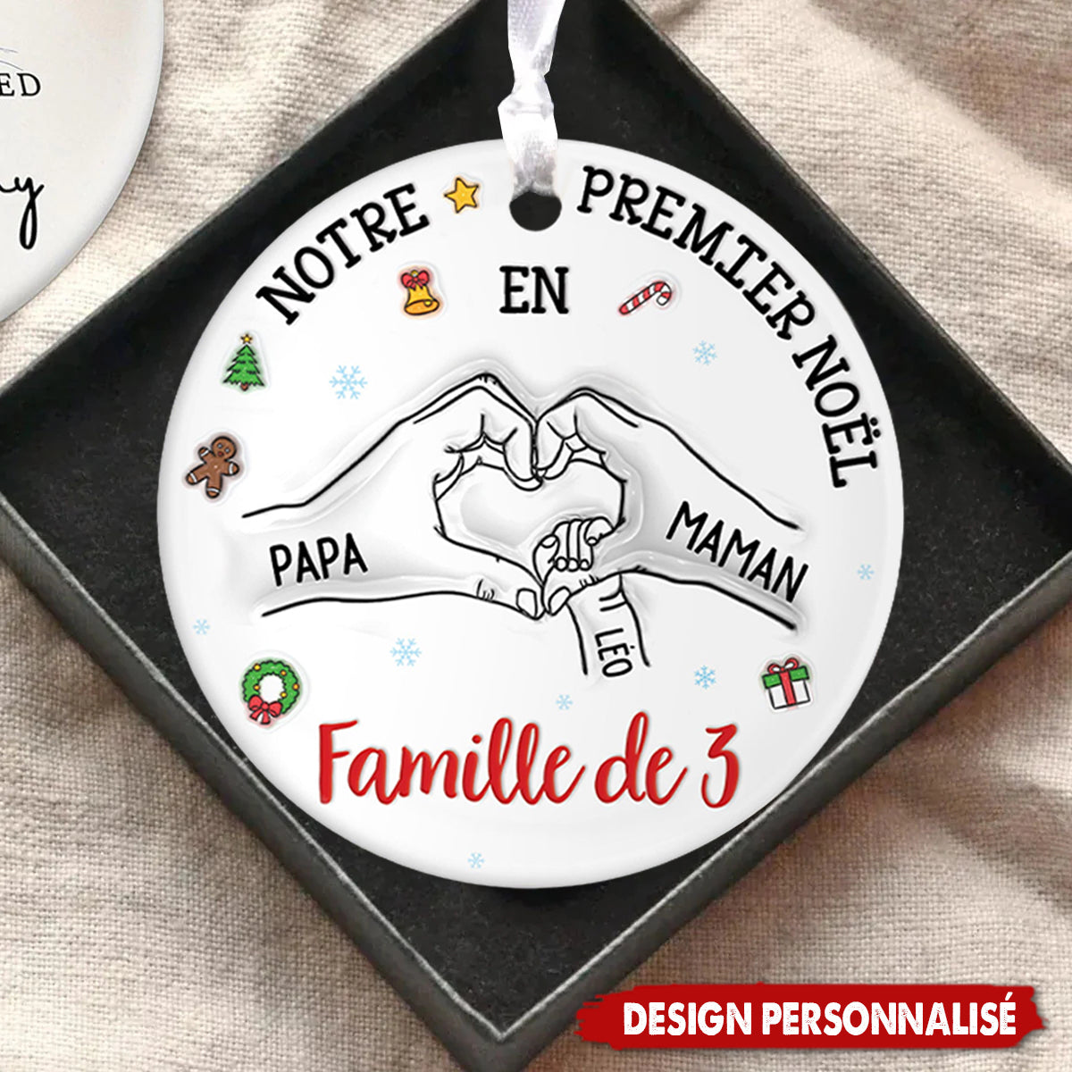 Ornement de Noël en Céramique Personnalisé – Premier Noël en Famille avec Prénoms et Date