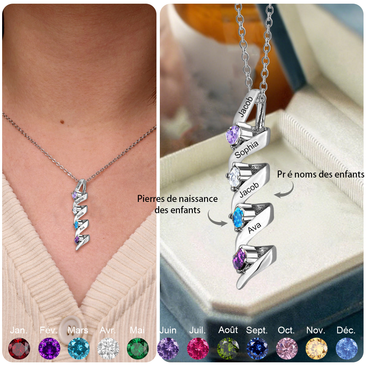 Collier Personnalisé avec Noms de Famille et Pierres de Naissance – Cadeau pour Maman ou Grand-mère
