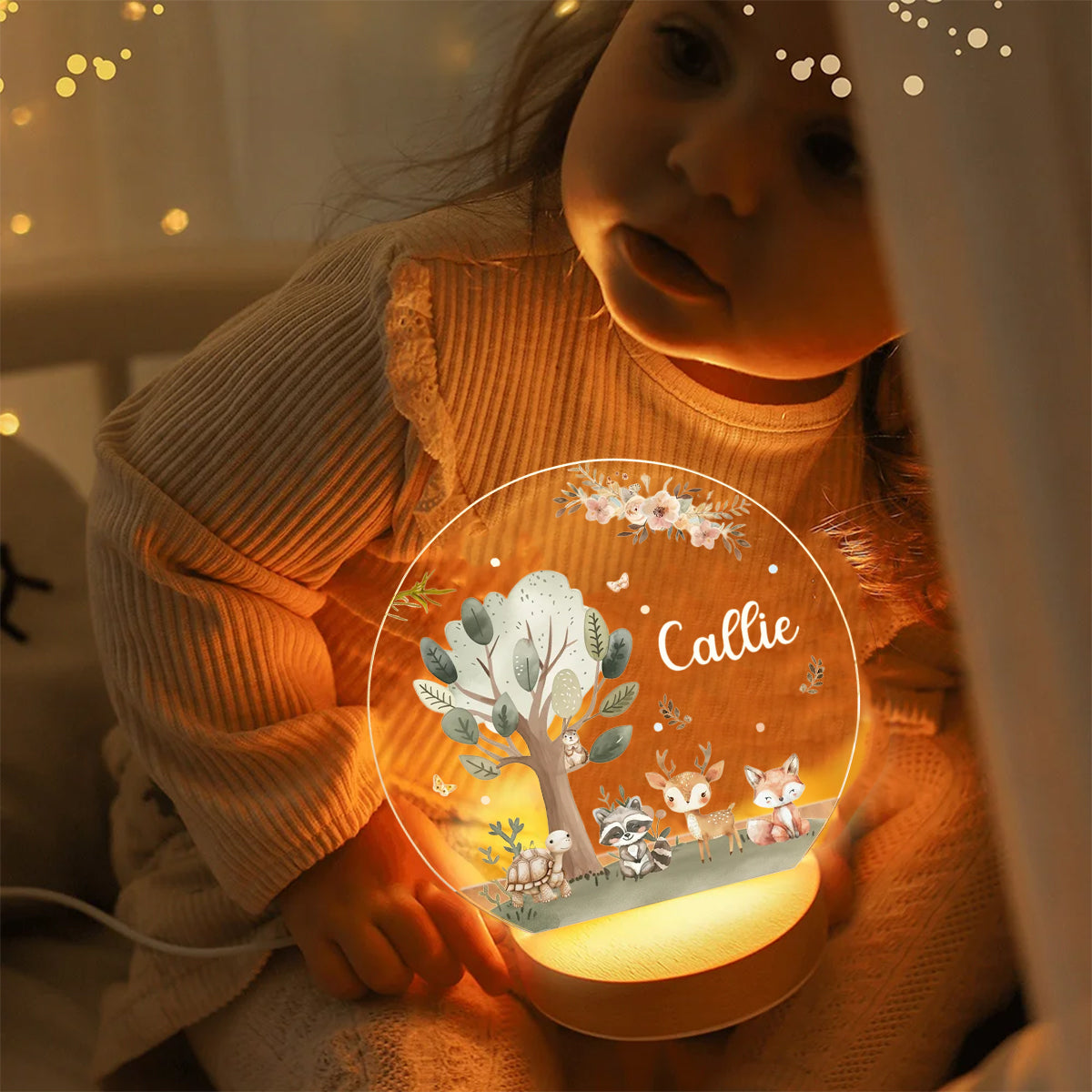Lampe de Nuit Personnalisée avec Animaux de la Forêt – Veilleuse LED avec Nom et Date pour Enfants