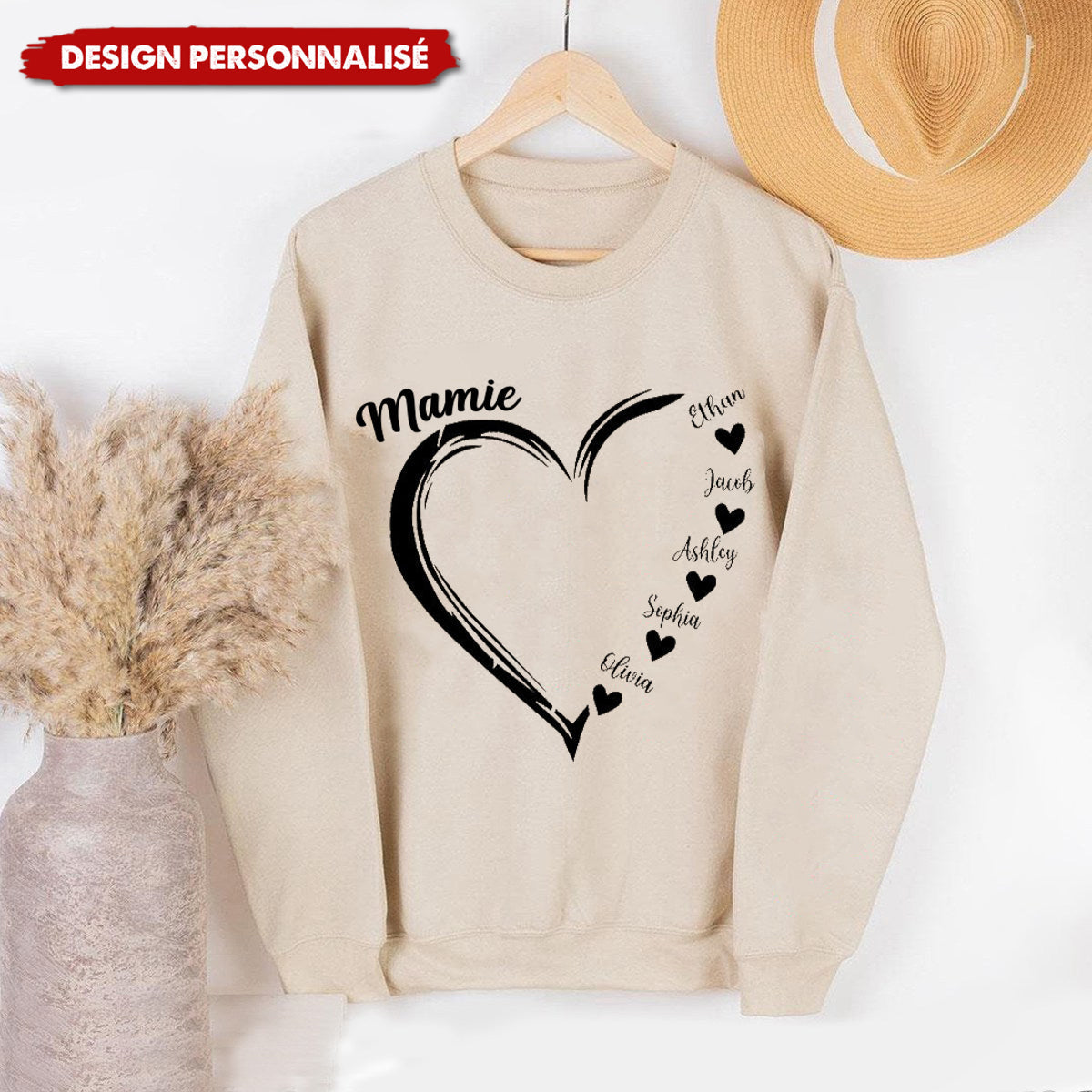 Sweat-shirt Personnalisé avec Cœur et Prénoms – Cadeau Unique pour Mamie