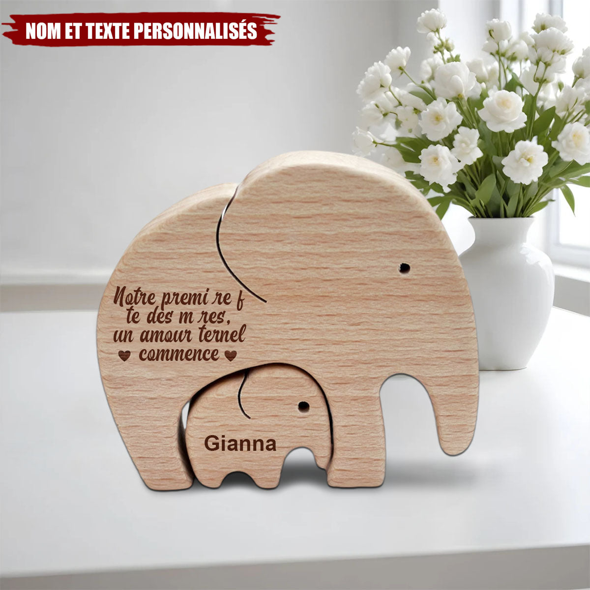 Éléphants en bois personnalisés – Maman et bébé, cadeau pour une première fête des mères
