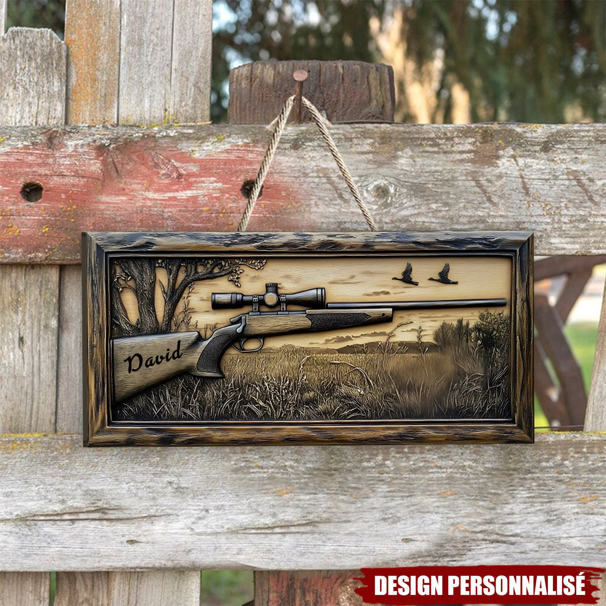 Fusil de Chasse – Panneau en Bois Personnalisé en Forme de Chasse