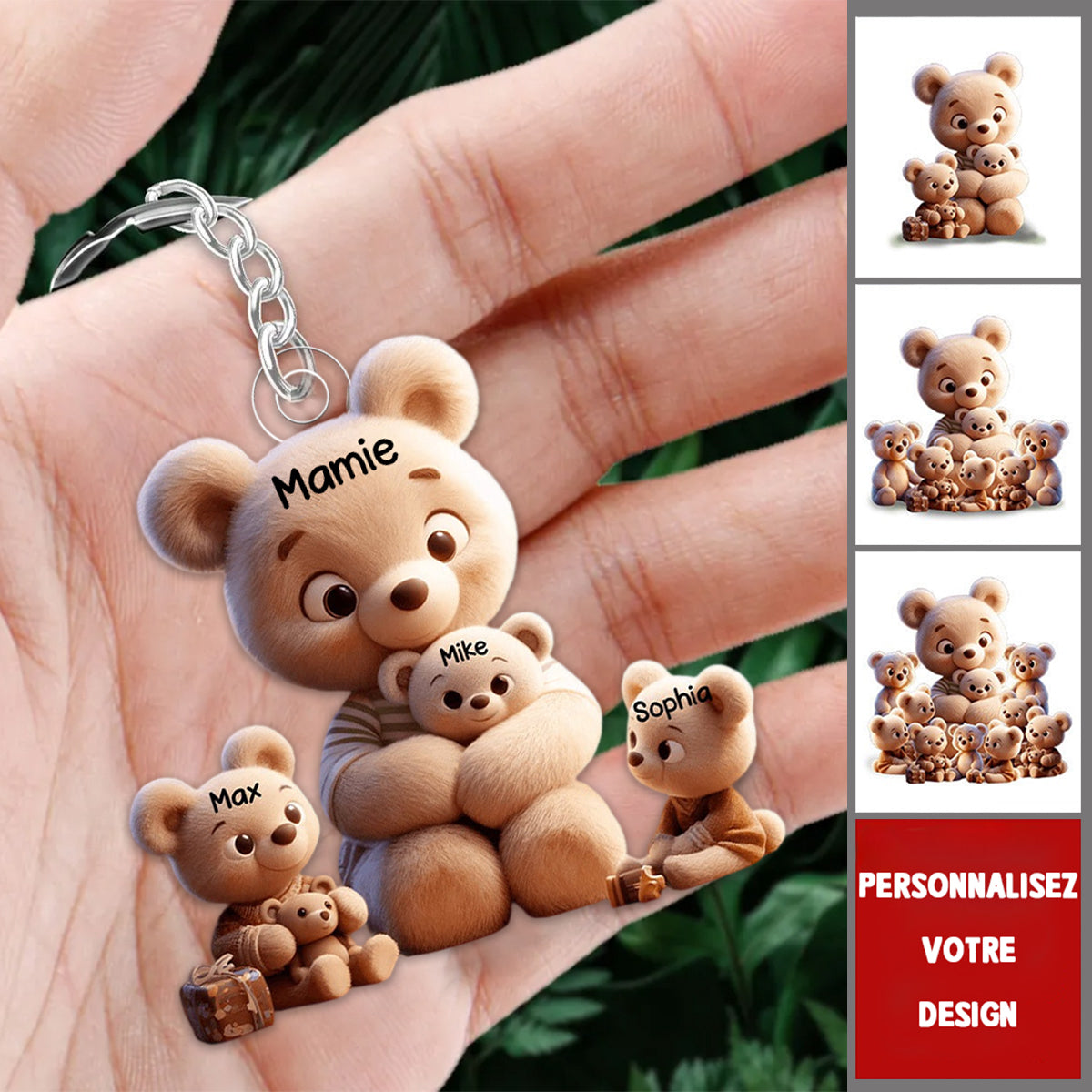 Porte-Clés Famille d’Ours Personnalisé – “Mamie et ses Petits Oursons”