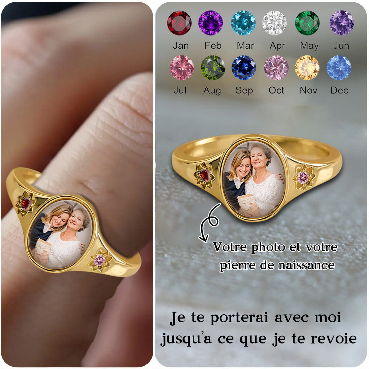 Bague personnalisée avec photo et pierre de naissance – Bijou souvenir gravé et personnalisé